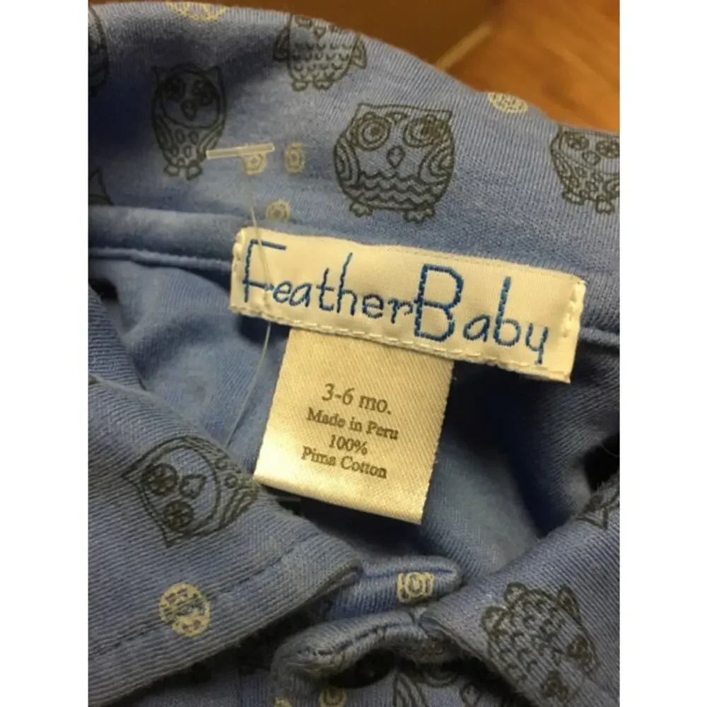 Feather Baby Boys Romper Size 3-6 Months Blue Gray‎ Owl Print Footed Feet